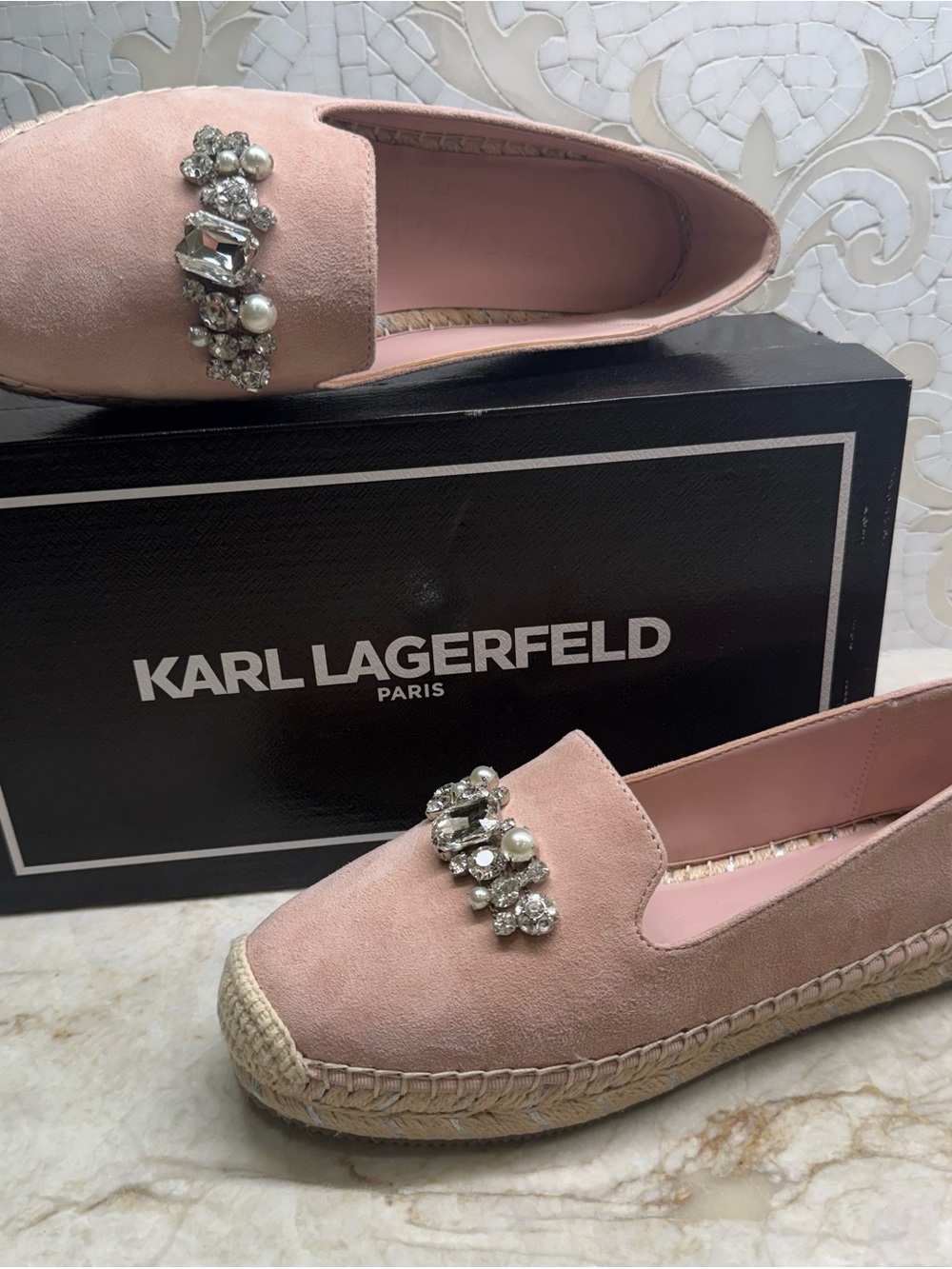 Karl Lagerfeld Blush Pink Suede Jeweled Espadrille Flats